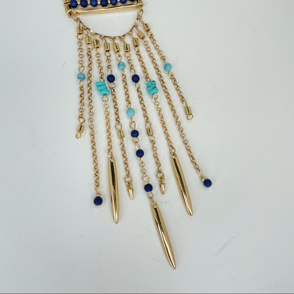 Long Beaded Statement Necklace Turquoise Color Gold Tone Jewelry Necklace - Picture 3 of 7